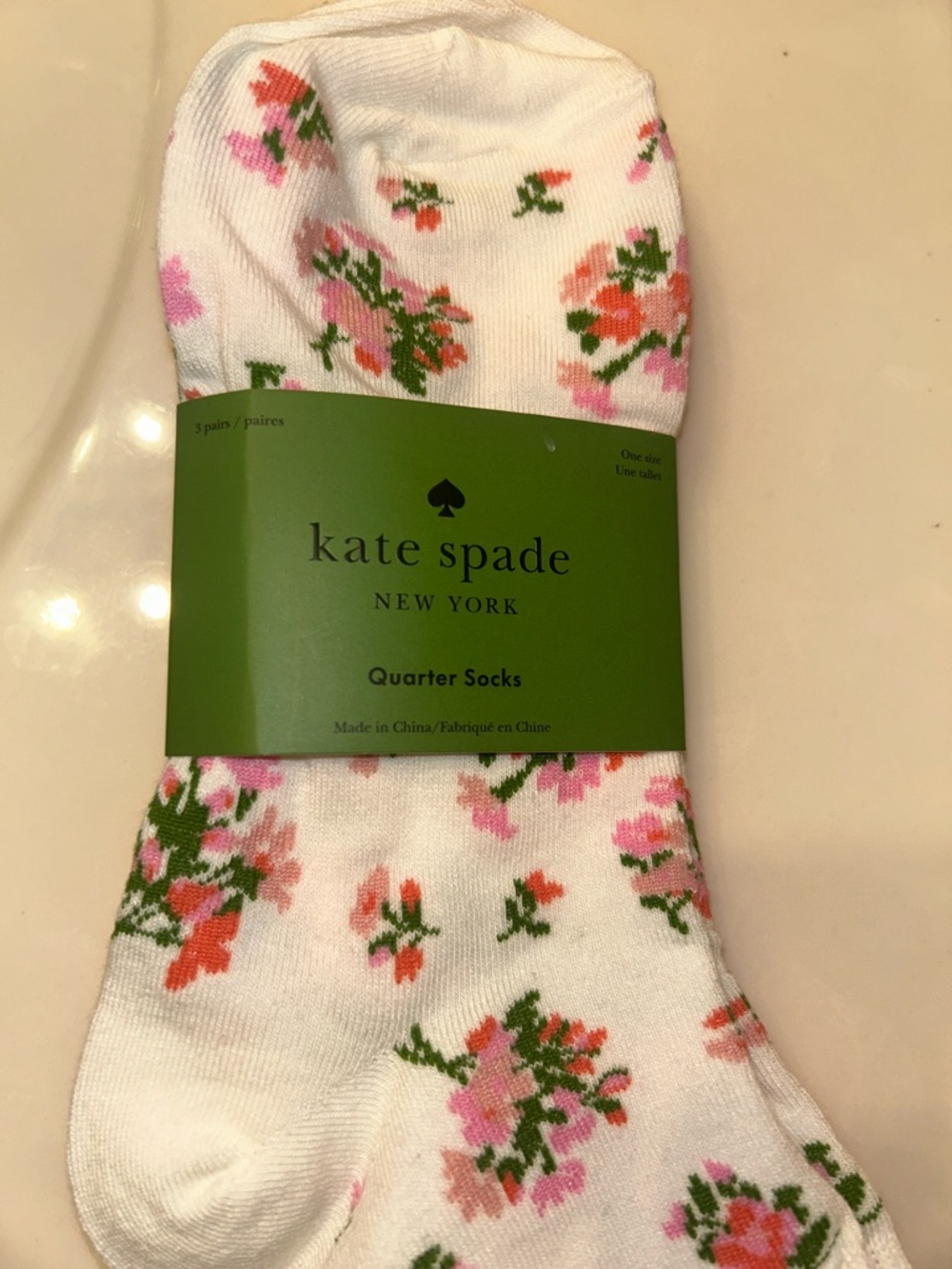 kate spade white floral ankle socks with pink & green accents